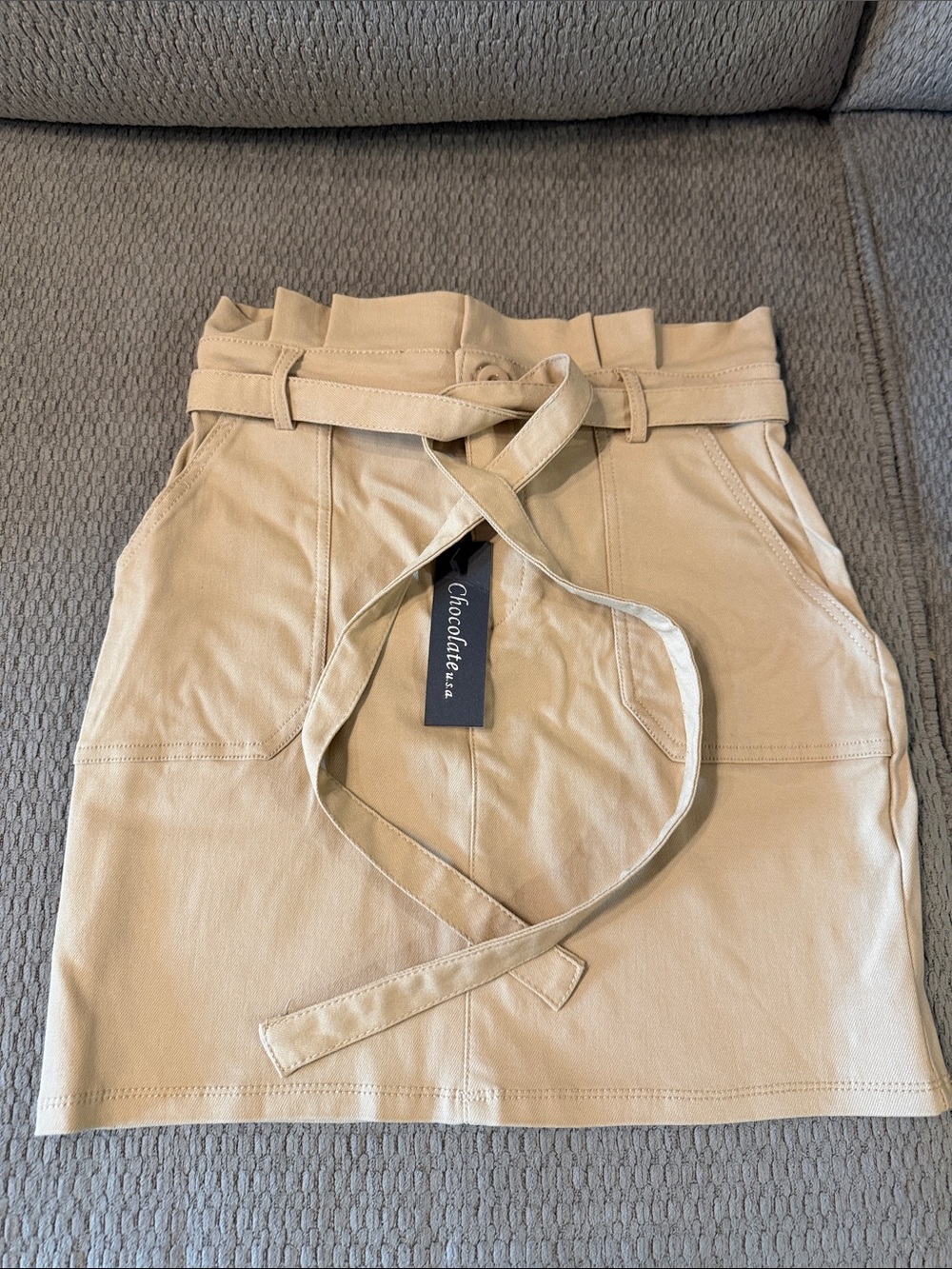 Chocolate Tan Paperbag Waist Mini Skirt with Tie Belt